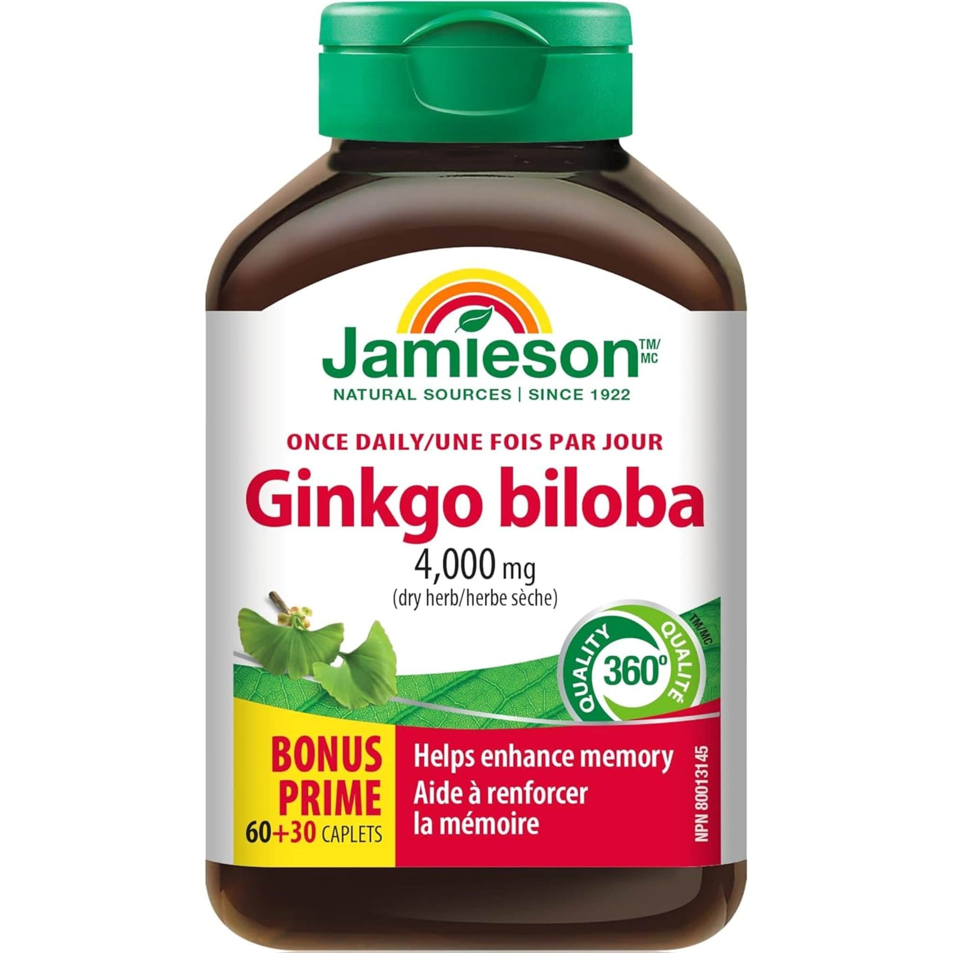 Bonus, 60+30 Caplets | Jamieson Ginkgo Biloba 4,000 mg Once Daily