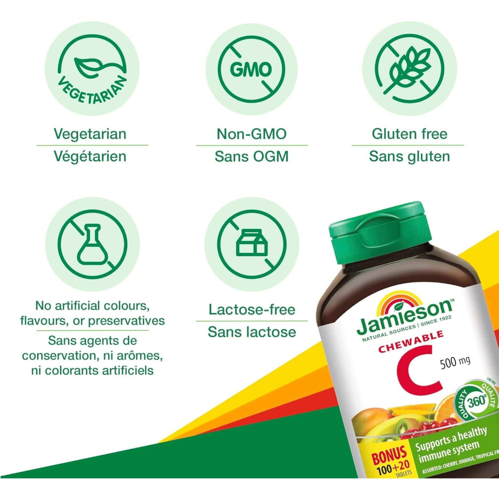 Assorted Flavours, 120 Chewable Tablets | Jamieson Vitamin C 500mg Chewable