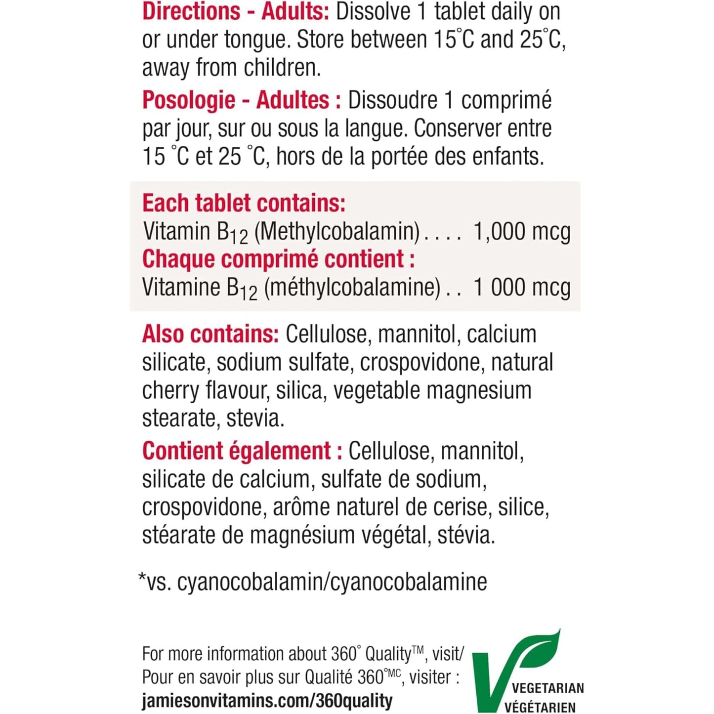 100 Sublingual Tablets | Jamieson Vitamin B12 (Methylcobalamin) 1,000 mcg Fast Dissolving