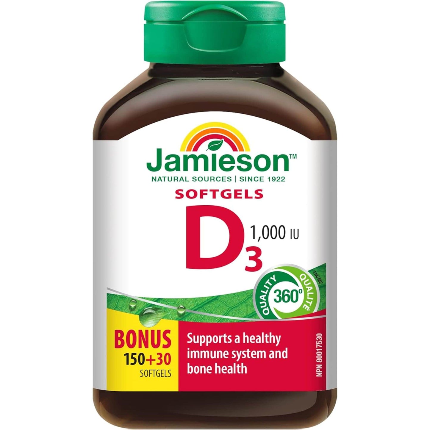 Bonus, 150+30 Softgels | Jamieson Vitamin D3 1,000 IU Premium Softgels