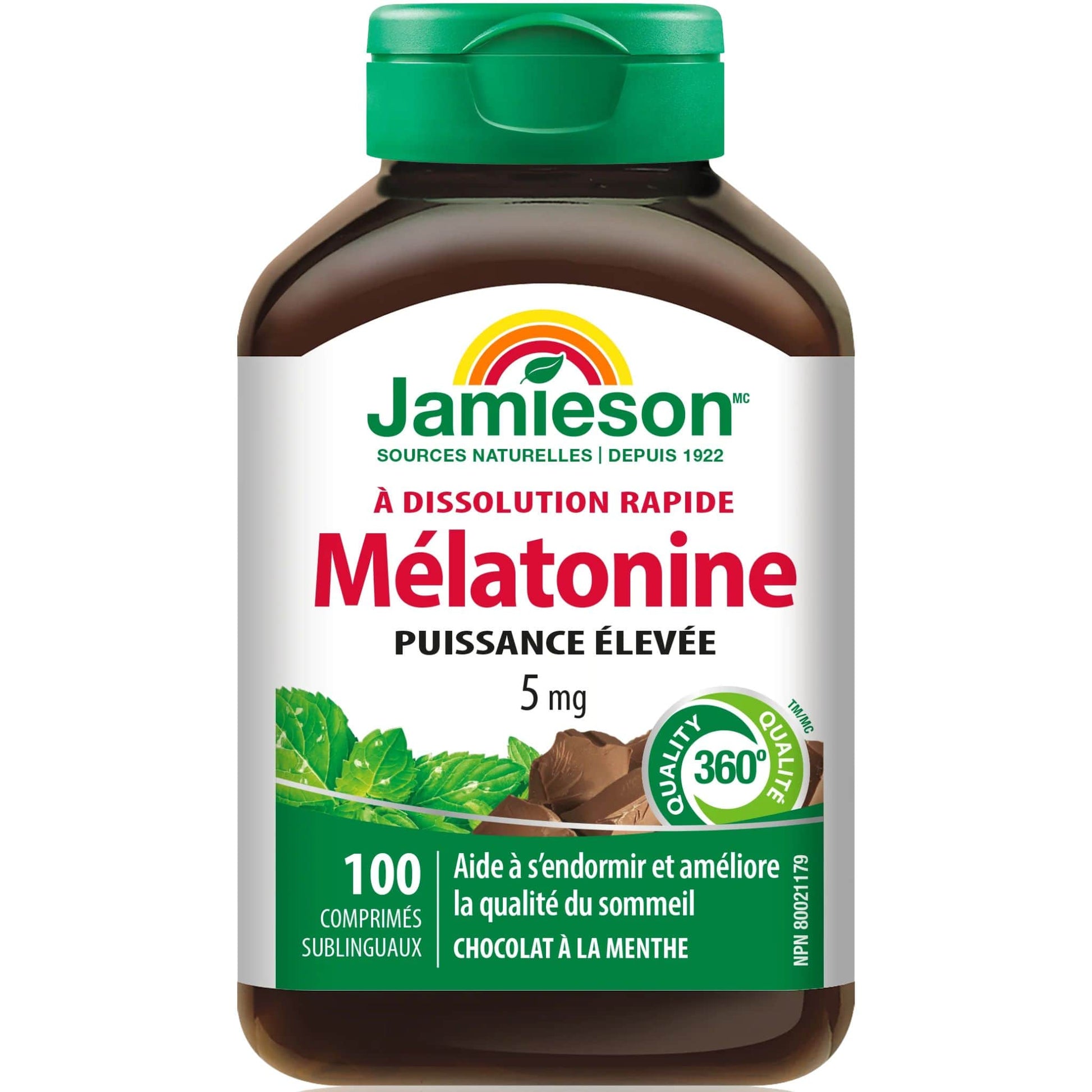 Chocolate Mint Flavour, 100 Sublingual Tablets | Jamieson Melatonin 5 mg, Extra Strength, Fast Dissolving