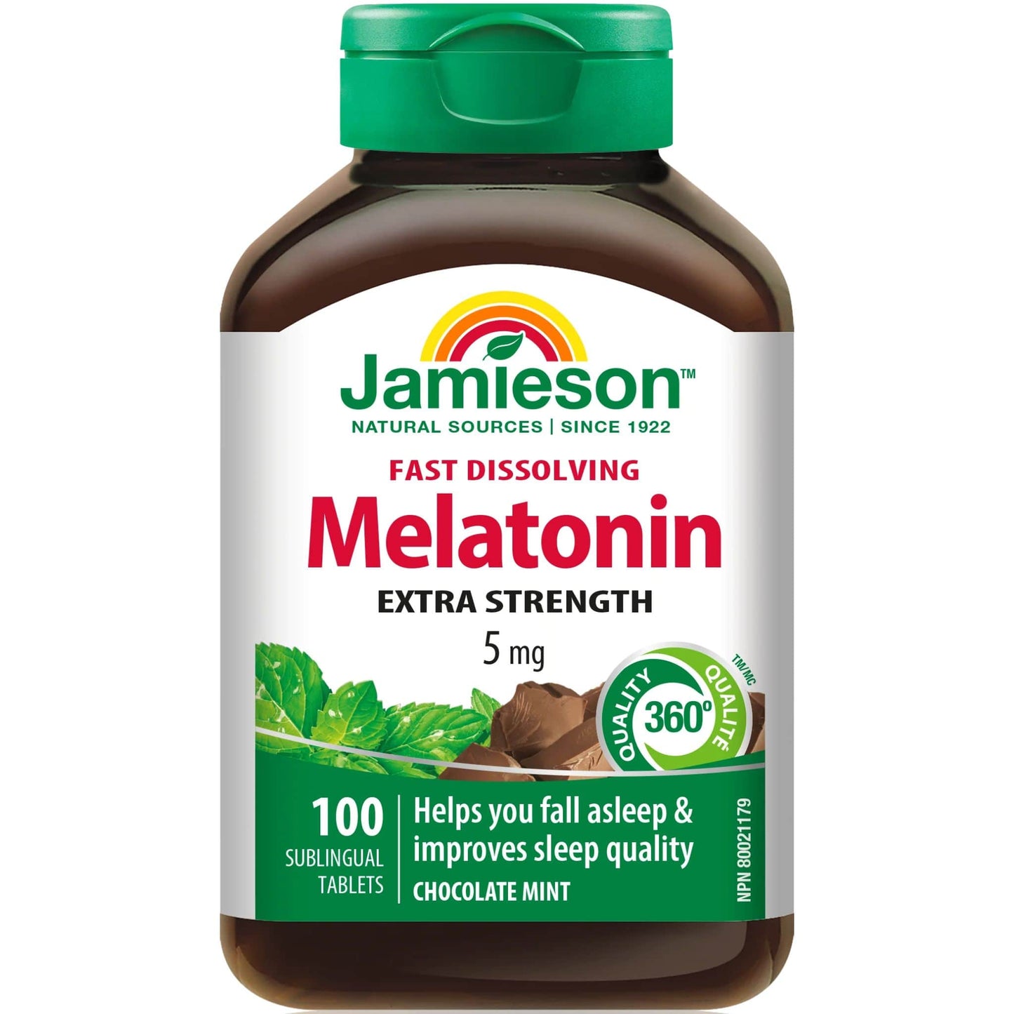 Chocolate Mint Flavour, 100 Sublingual Tablets | Jamieson Melatonin 5 mg, Extra Strength, Fast Dissolving