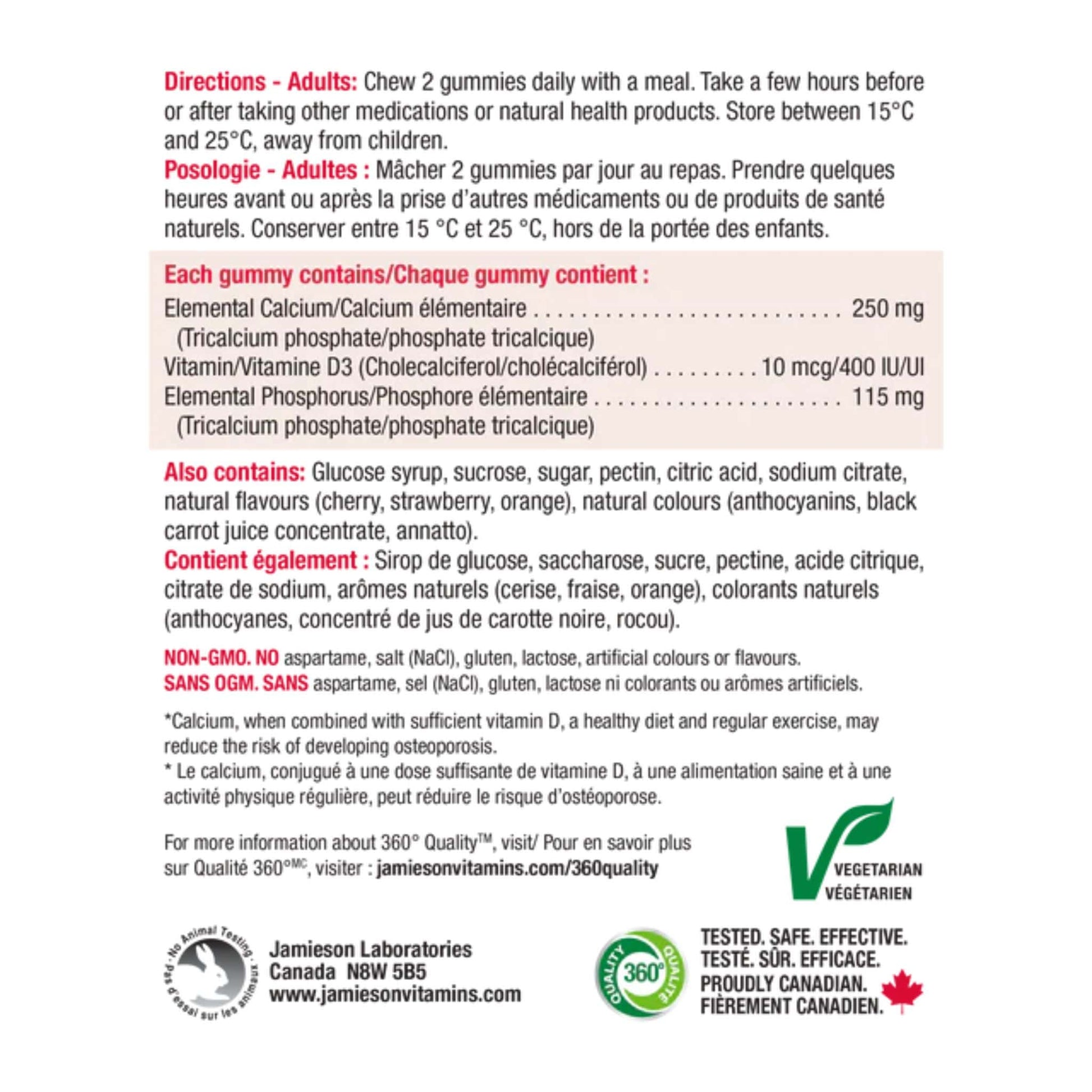 Cherry, Strawberry, Orange Flavours, 60 Gummies | Jamieson Gummies Calcium 250 mg + Vitamin D3 400 IU