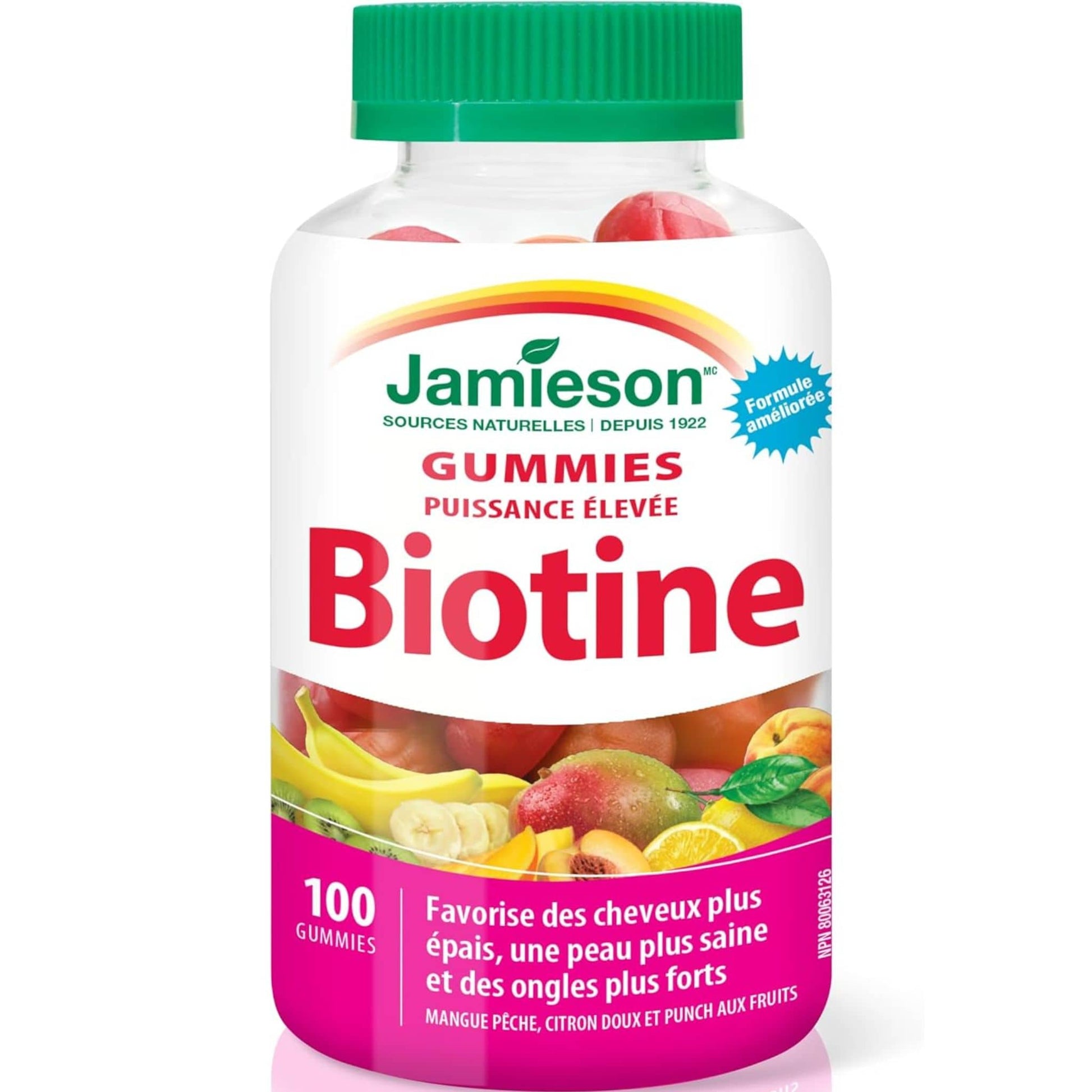 Mango Peach, Sweet Lemon & Fruit Punch Flavours, 100 Gummies | Jamieson High Potency Biotin Gummies
