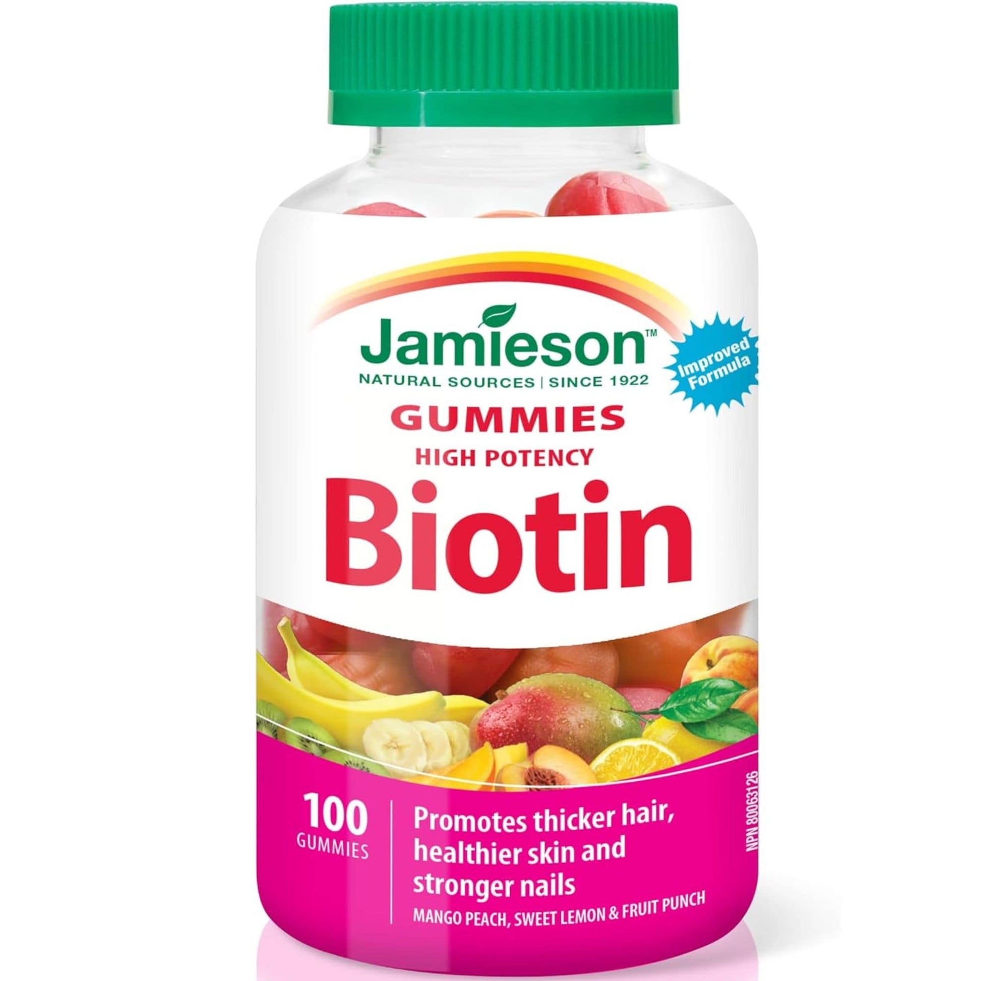 Mango Peach, Sweet Lemon & Fruit Punch Flavours, 100 Gummies | Jamieson High Potency Biotin Gummies