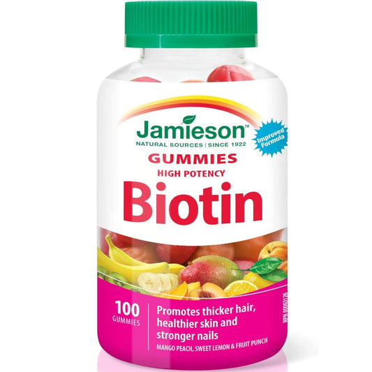 Mango Peach, Sweet Lemon & Fruit Punch Flavours, 100 Gummies | Jamieson High Potency Biotin Gummies