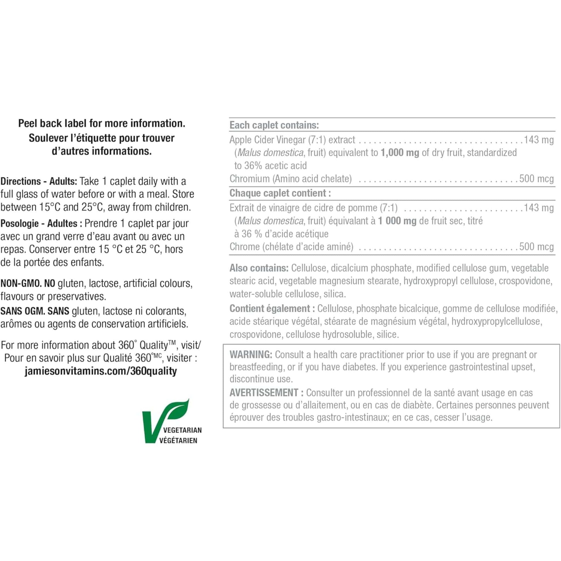 120 Caplets | Jamieson Apple Cider Vinegar 1,000 mg + Chromium