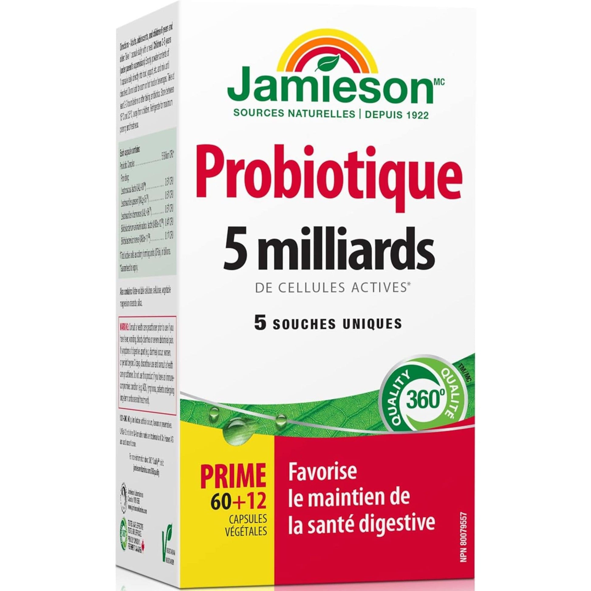 Bonus, 60+12 Vegetarian Capsules | Jamieson Probiotic Regular Strength, 5 Billion Active Cells, 5 Unique Strains