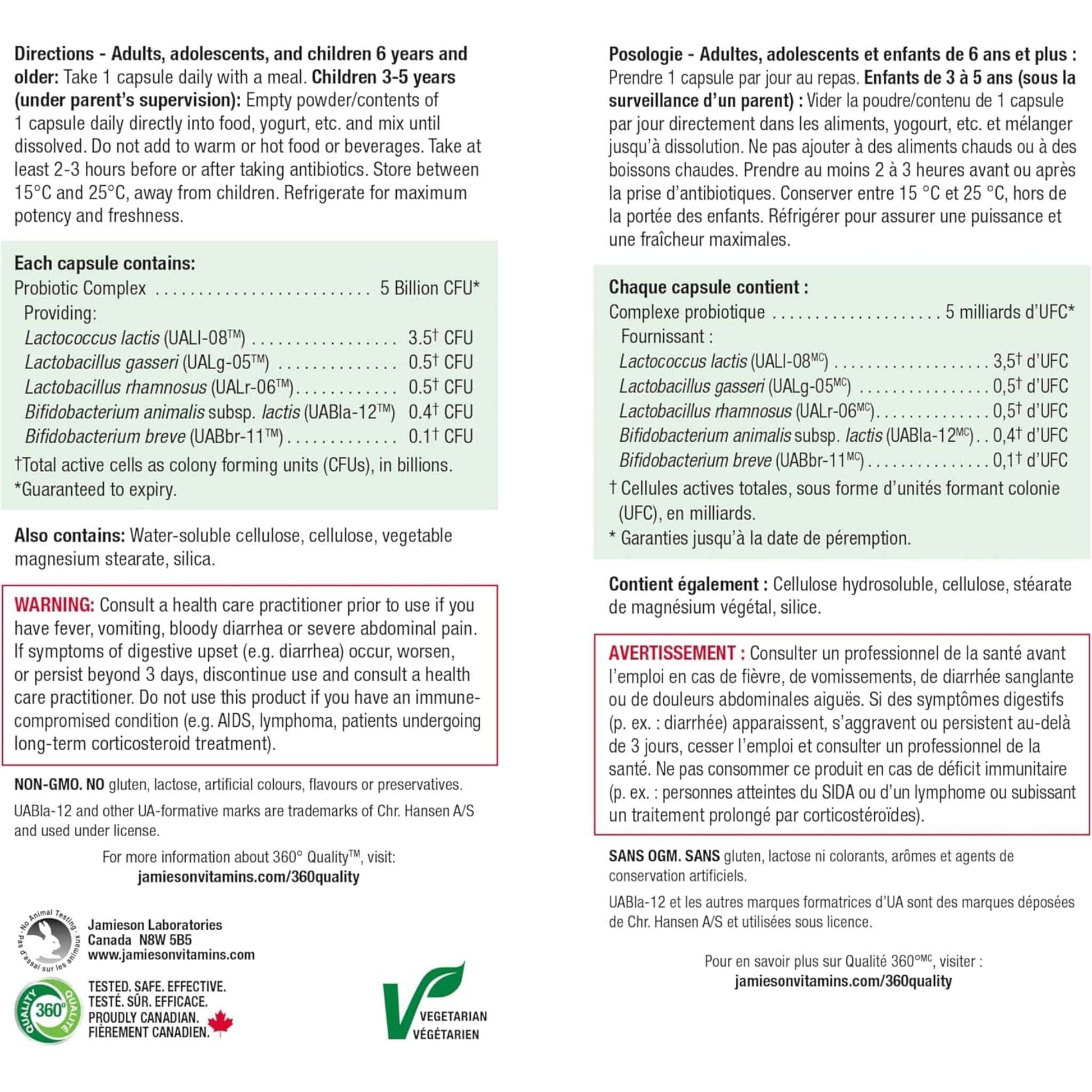 Bonus, 60+12 Vegetarian Capsules | Jamieson Probiotic Regular Strength, 5 Billion Active Cells, 5 Unique Strains