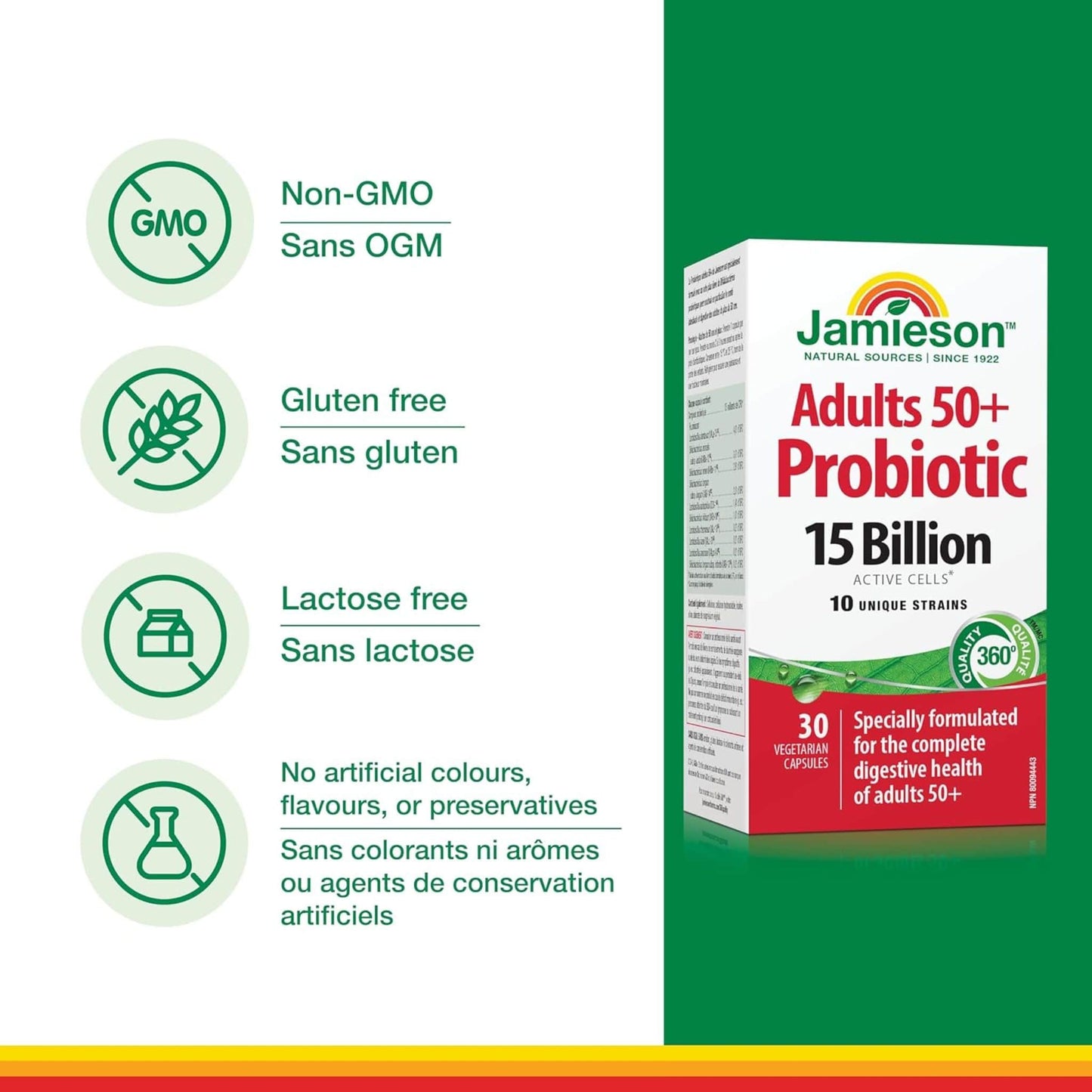 30 Vegetarian Capsules | Jamieson Adults 50+ Probiotic, 15 Billion Active Cells 10 Unique Strains