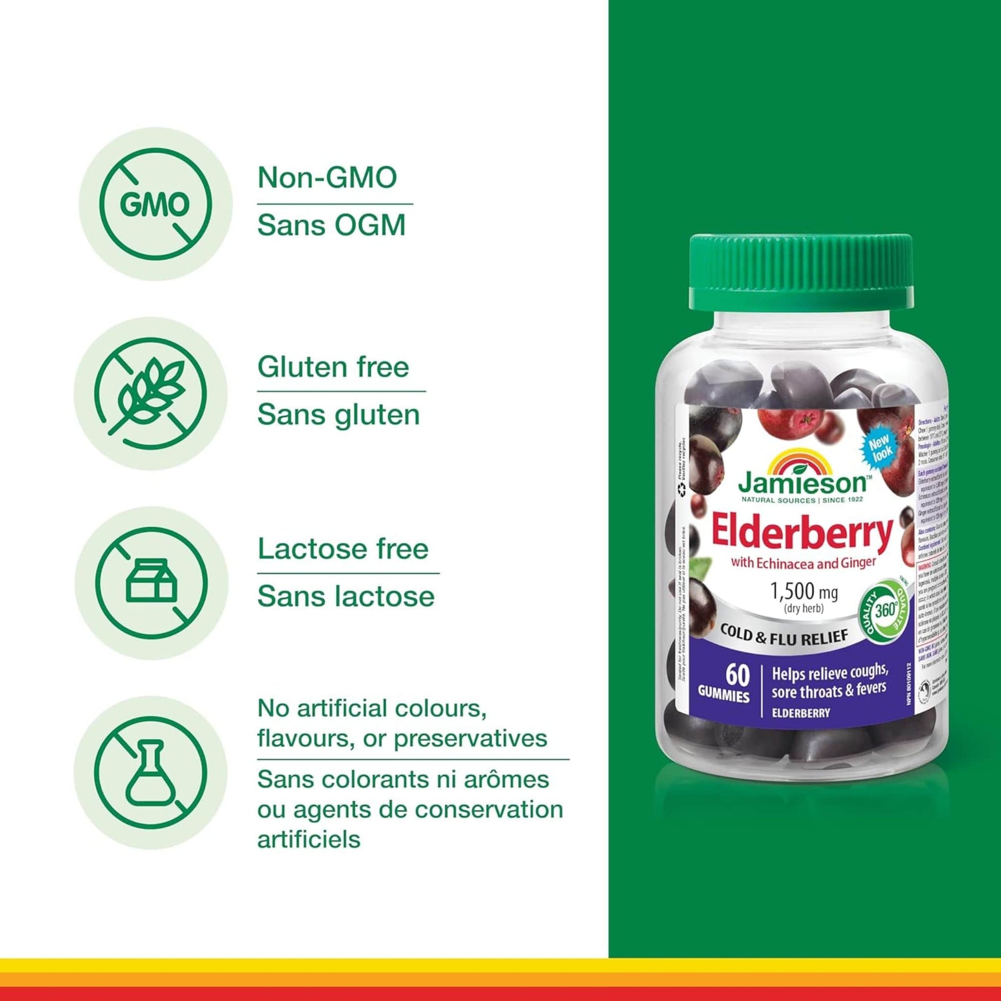 Elderberry Flavour, 60 Gummies | Jamieson  Elderberry Cold & Flu Gummy with Echinacea and Ginger