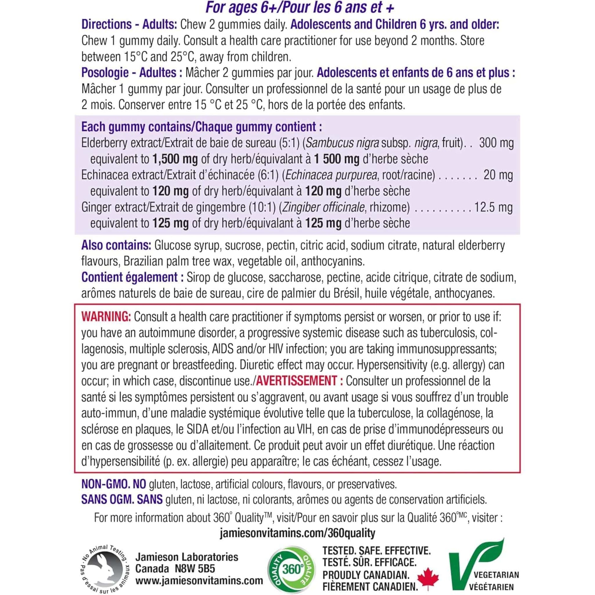 Elderberry Flavour, 60 Gummies | Jamieson  Elderberry Cold & Flu Gummy with Echinacea and Ginger