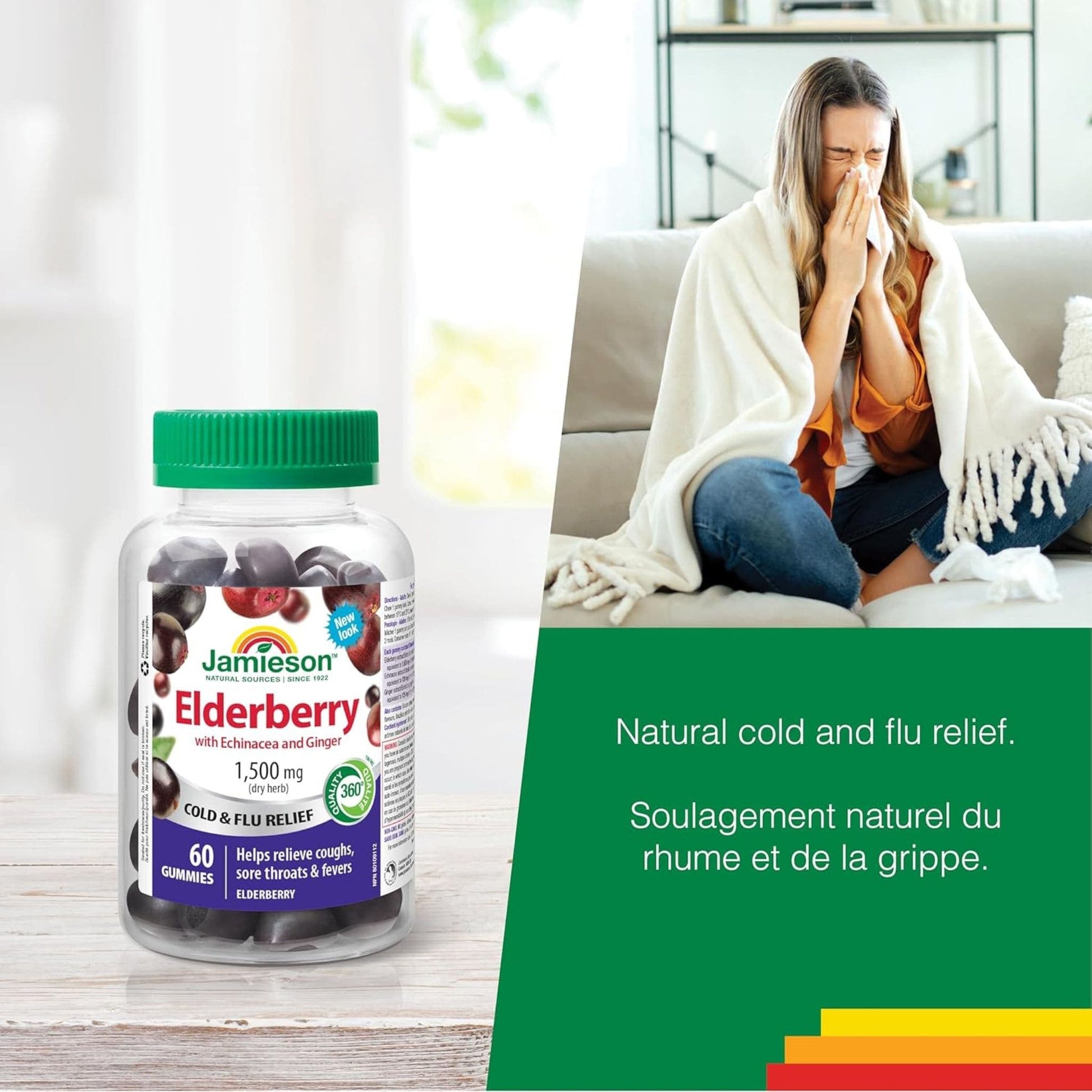 Elderberry Flavour, 60 Gummies | Jamieson  Elderberry Cold & Flu Gummy with Echinacea and Ginger