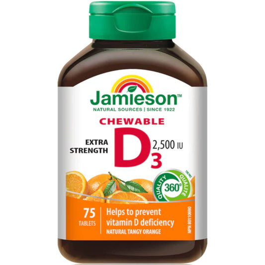 Natural Tangy Orange, 75 Tablets | Jamieson Chewable Vitamin D3 2,500 IU Extra Strength