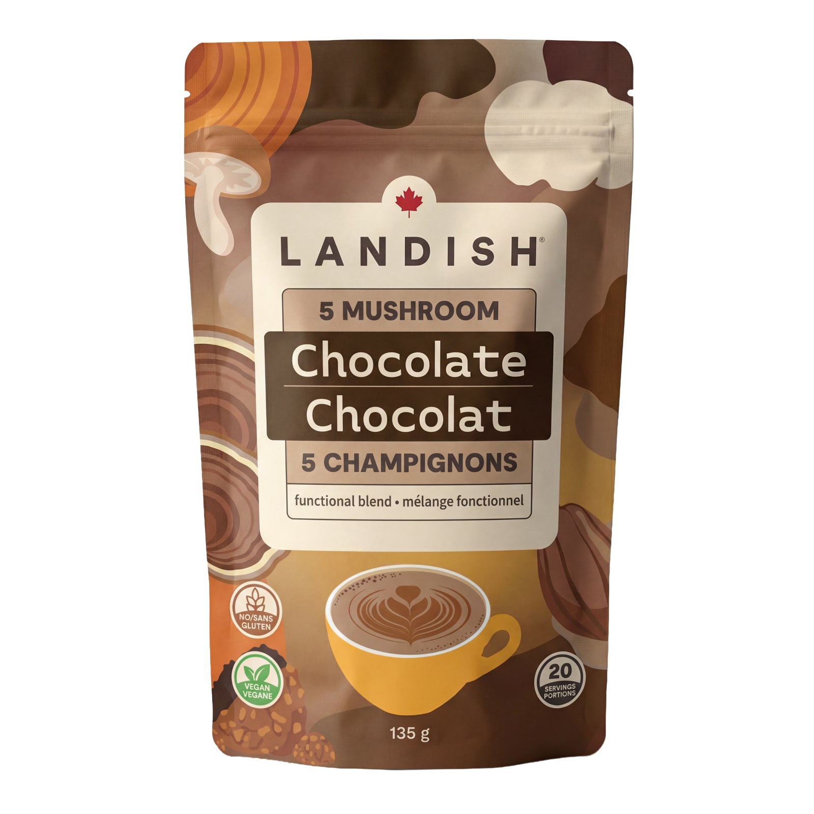 Landish 5 Mushroom Hot Chocolate Mix, Fair Trade Cocoa, Sugar-Free, 135g - 135g