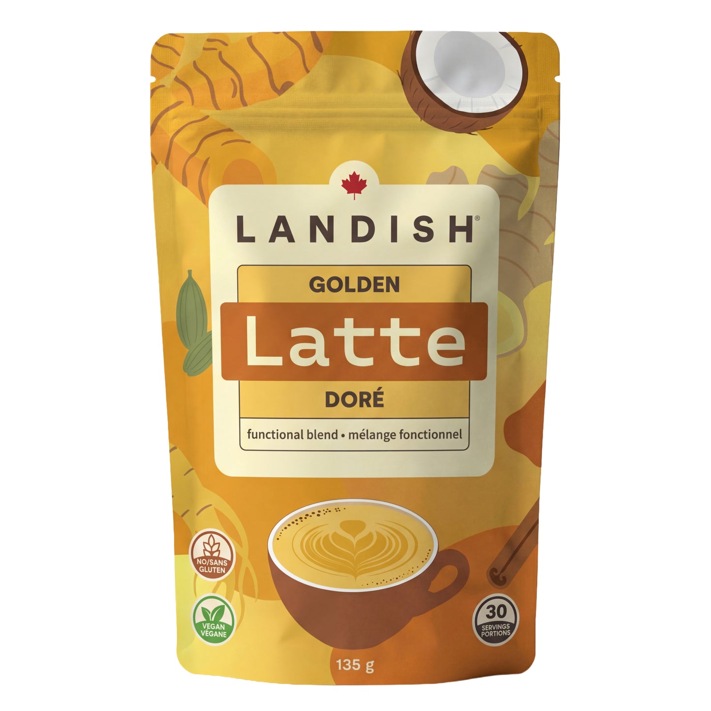 Landish Functional Latte Mix, Adaptogenic Blends with Canadian Mushrooms, 135g - Golden