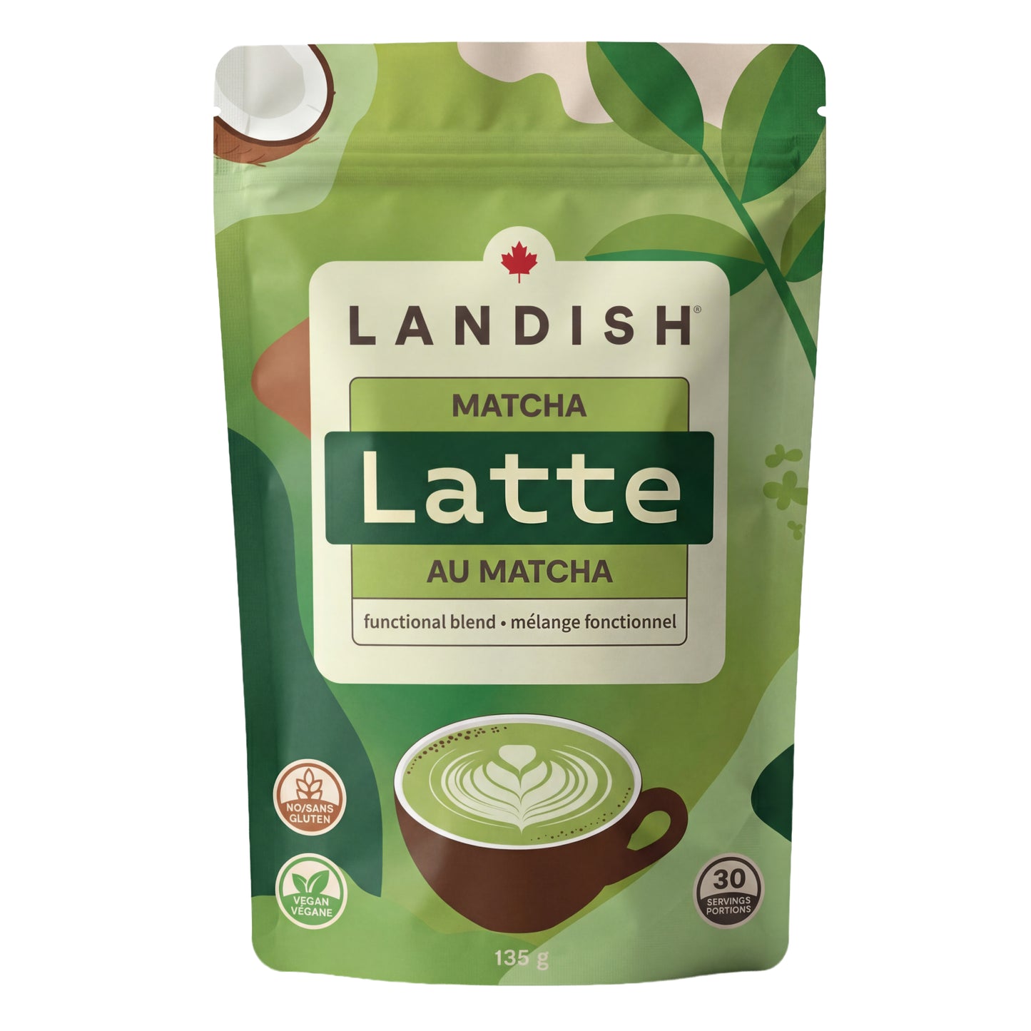 Landish Functional Latte Mix, Adaptogenic Blends with Canadian Mushrooms, 135g - Matcha