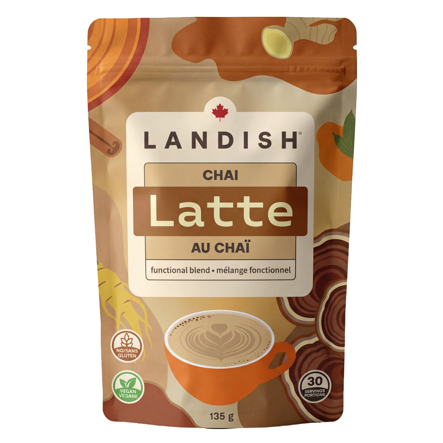 Landish Functional Latte Mix, Adaptogenic Blends with Canadian Mushrooms, 135g - Chai