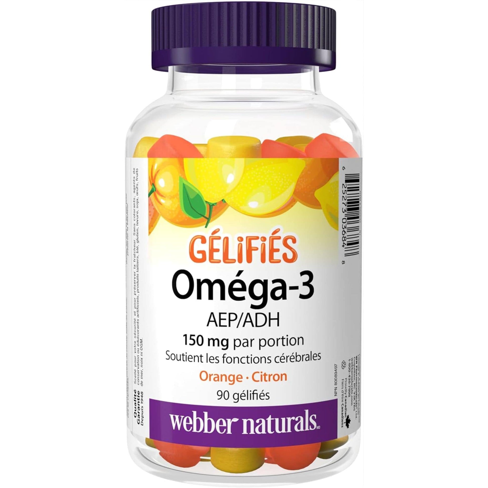 Orange, Lemon 90 Gummies | Webber Naturals Gummies Omega-3 EPA/DHA // French Bottle