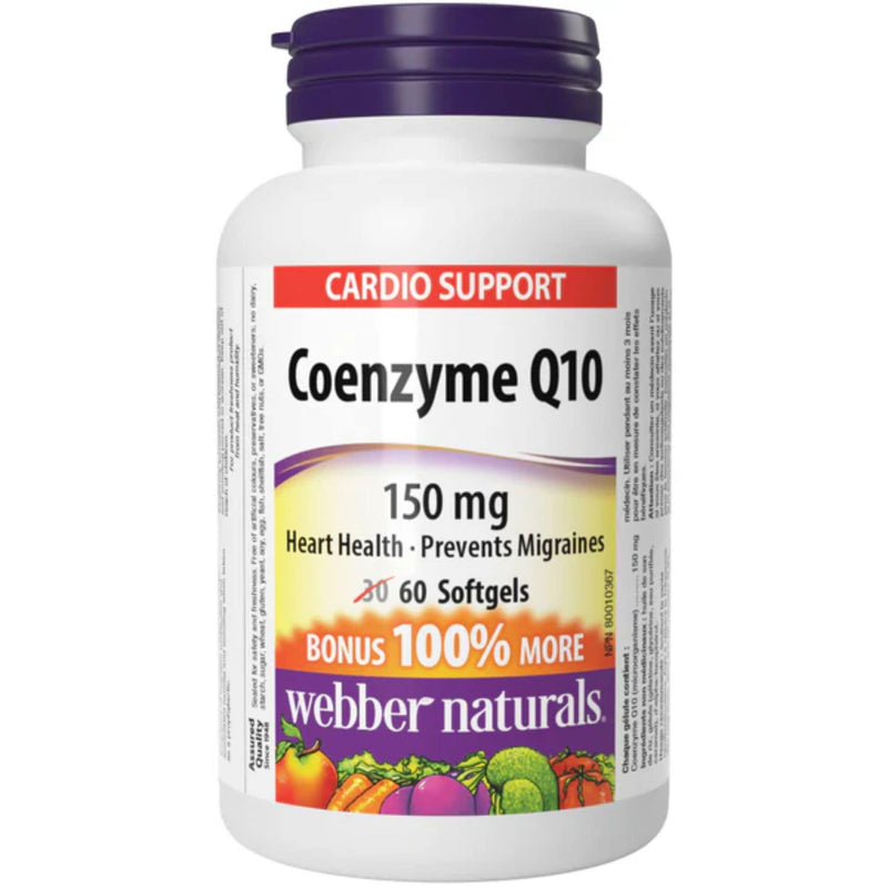 Webber Naturals Coenzyme Q10 150mg, Cardiovascular Support and Antioxidant, Helps Reduce Migraine Frequency, 60 Softgels