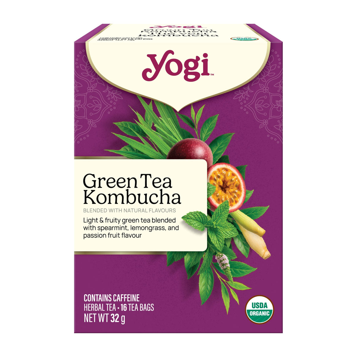 Yogi Green Tea Kombucha, Organic Green Tea with Lemongrass, Spearmint and Passion Fruit, 16 Tea Bags