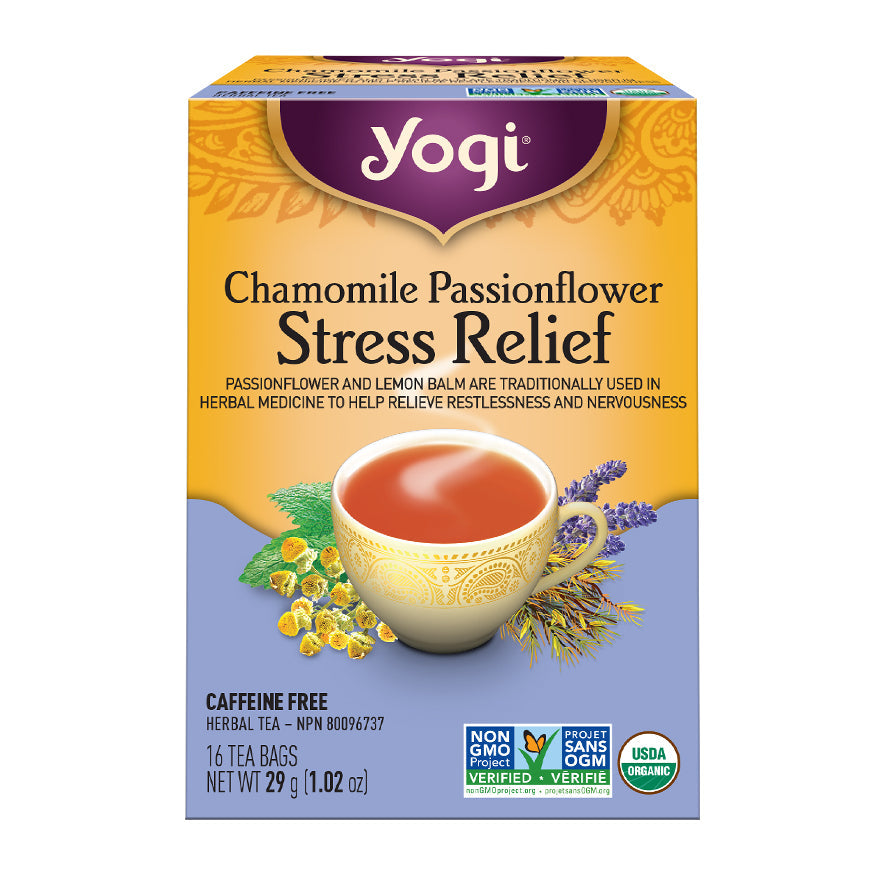 Yogi Chamomile Passionflower Stress Relief Tea, Organic Caffeine-Free Herbal Tea with Lemon Balm, 16 Tea Bags