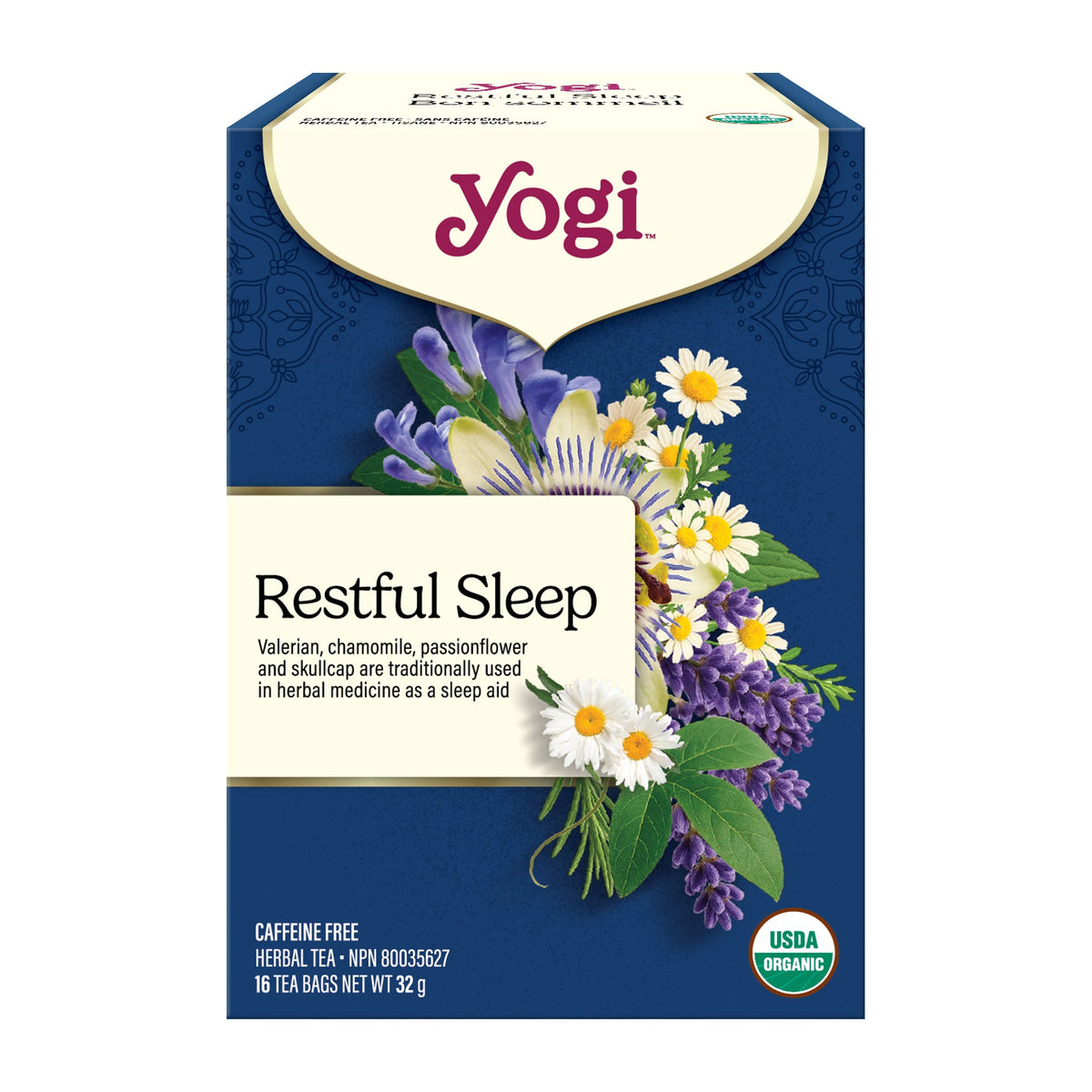 Yogi Restful Sleep Tea, Organic Herbal Tea with Valerian, Chamomile and Passionflower, 16 Tea Bags
