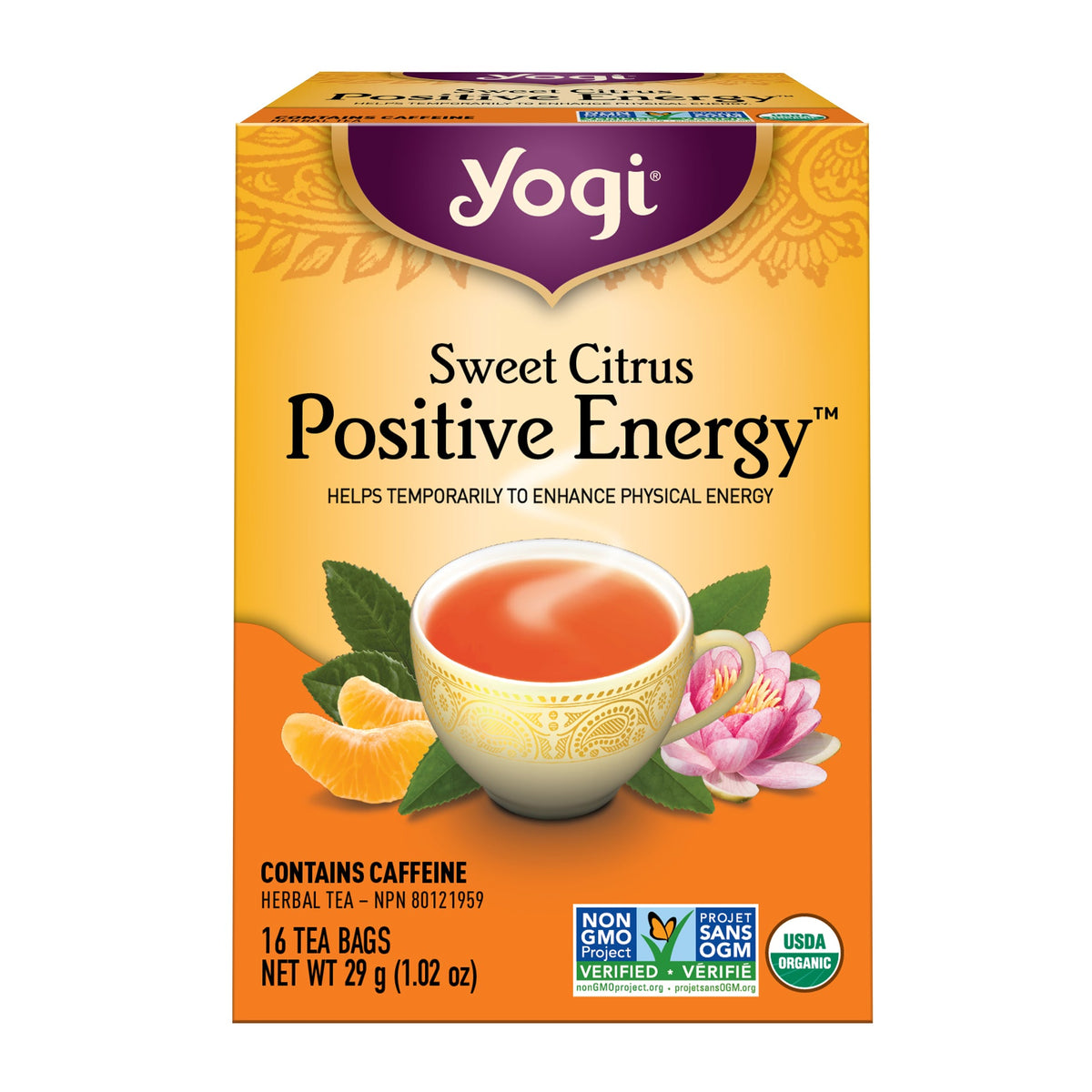 Yogi Sweet Citrus Positive Energy Tea, Organic Tea with Eleuthero, Yerba Mate and Black Tea, 16 Tea Bags