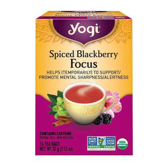 Yogi Spiced Blackberry Focus Tea, Organic Black Tea with Bacopa, Hibiscus and Cinnamon, 16 Tea Bags
