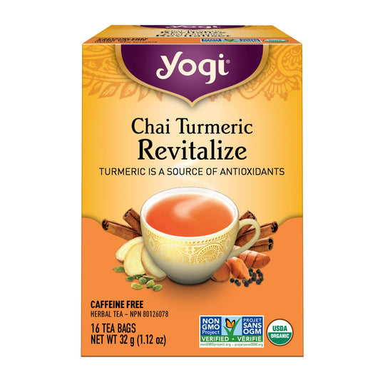 Yogi Chai Turmeric Revitalize Tea, Organic Herbal Chai with Turmeric, Cinnamon and Ginger, 16 Tea Bags