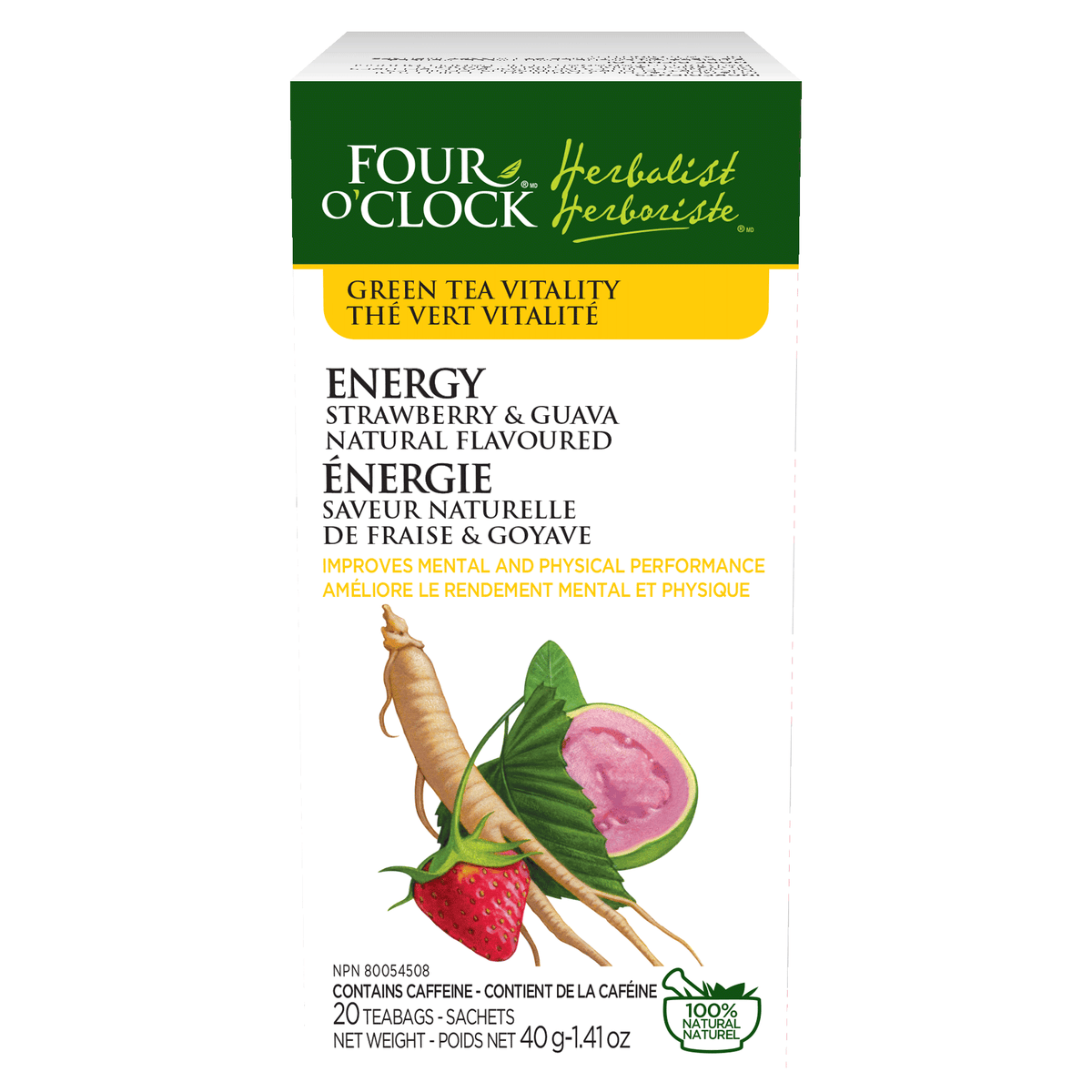 Four O'Clock Energy Green Tea Strawberry and Guava, 20 tea bags