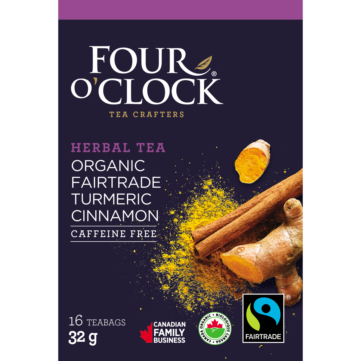 Four O'Clock Turmeric Cinnamon Organic Herbal Tea, 16 tea bags