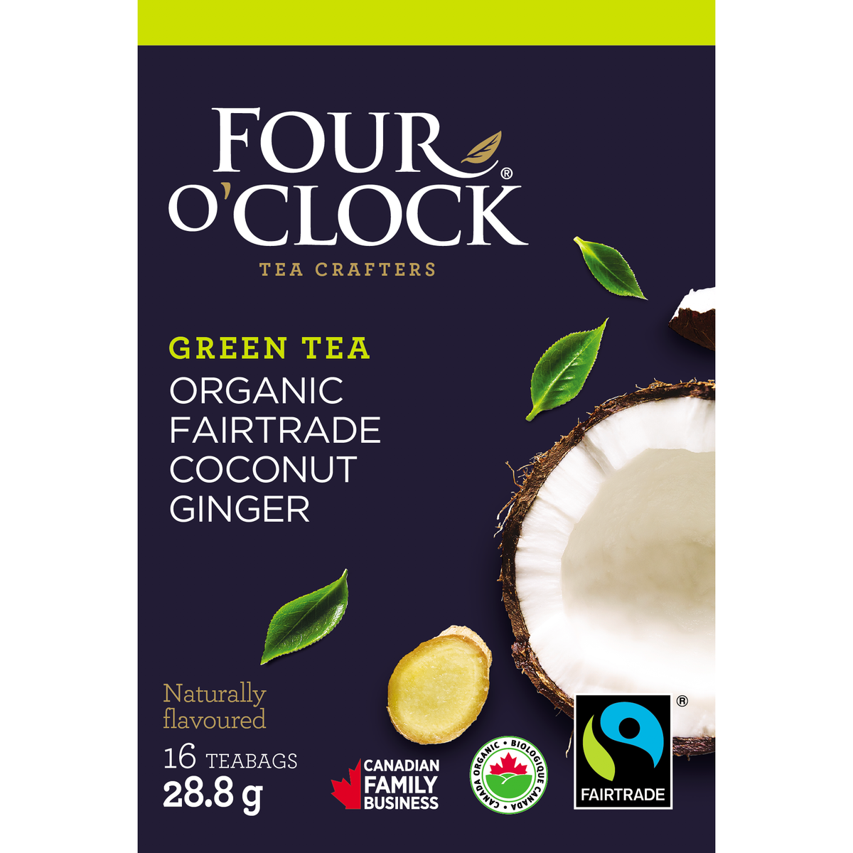 Four O'Clock Coconut Ginger Organic Green Tea, 16 tea bags