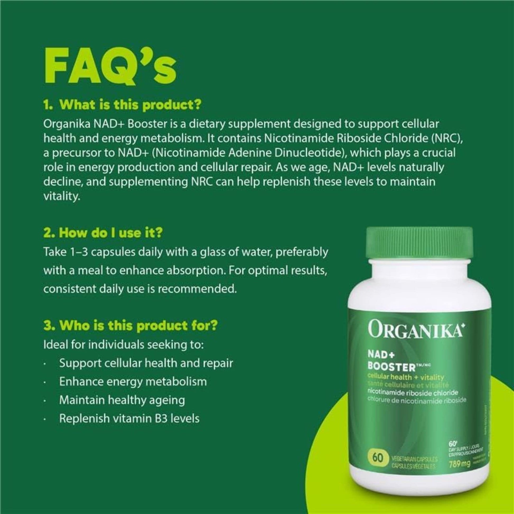 60 Vegetarian Capsules | Organika NAD+Booster 789 mg