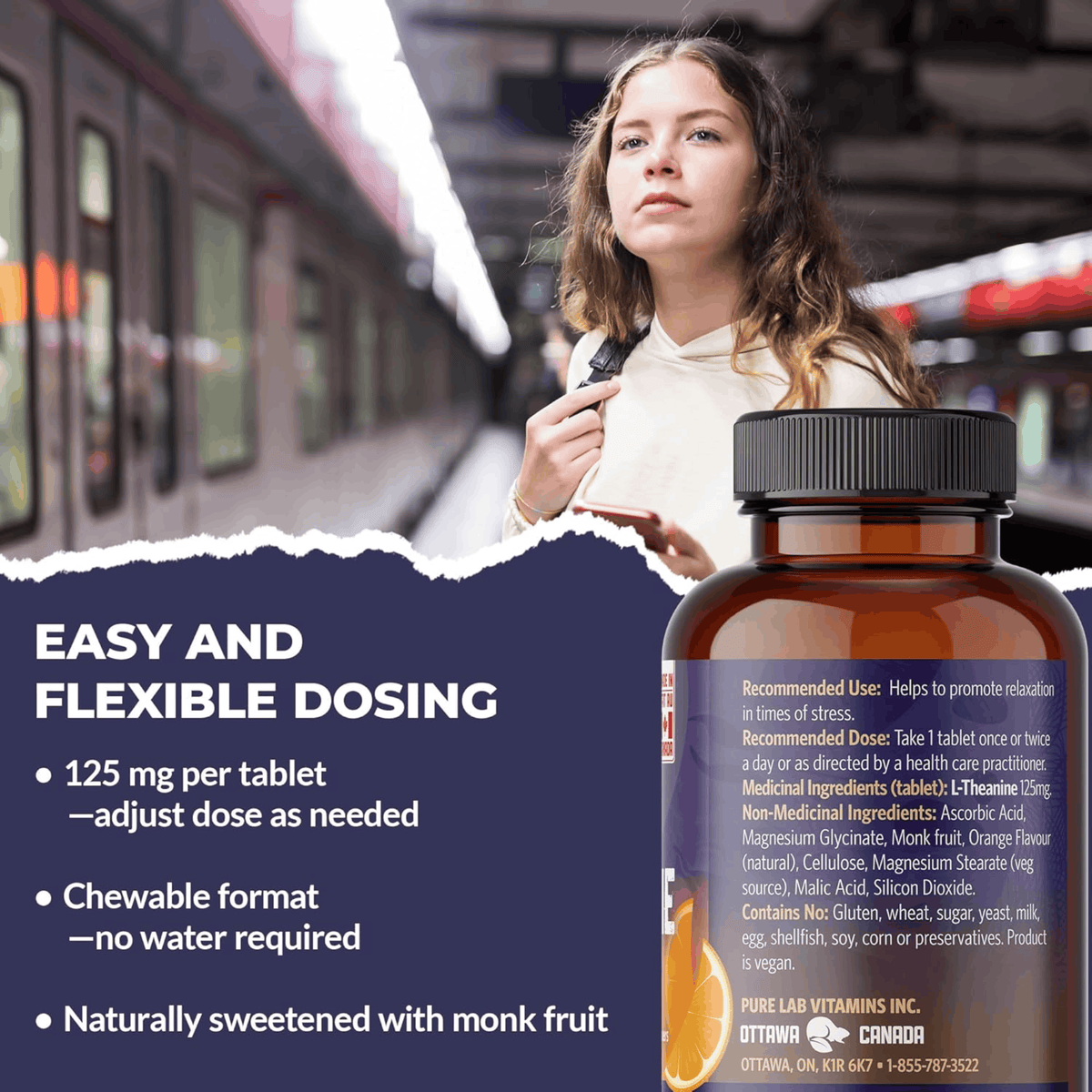 Pure Lab Vitamins L-Theanine Chewables 125mg, Natural Orange Flavour, Monk Fruit Sweetened, 60-150 Chewable Tablets