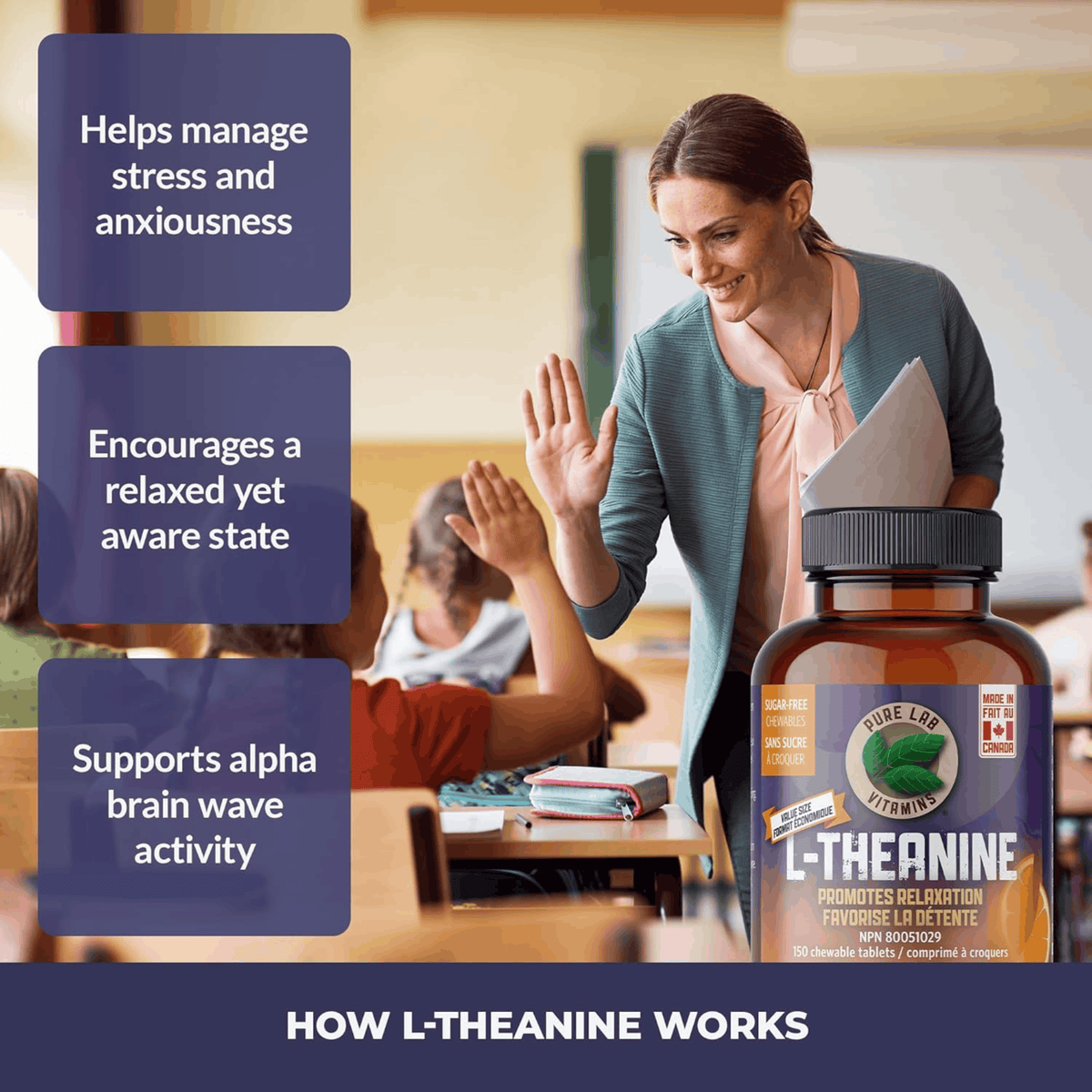 Pure Lab Vitamins L-Theanine Chewables 125mg, Natural Orange Flavour, Monk Fruit Sweetened, 60-150 Chewable Tablets