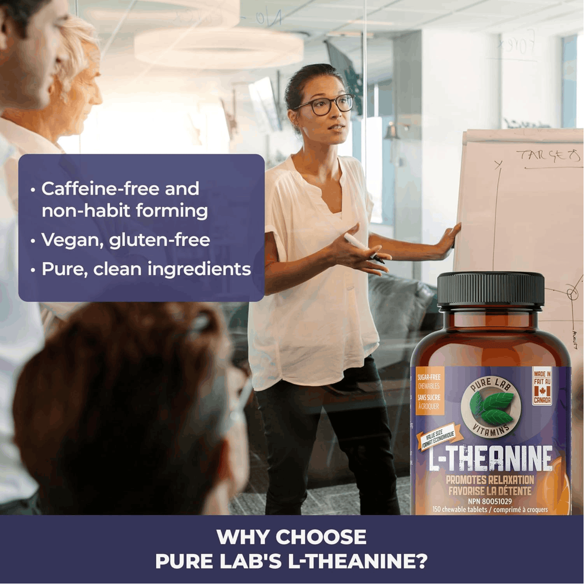 Pure Lab Vitamins L-Theanine Chewables 125mg, Natural Orange Flavour, Monk Fruit Sweetened, 60-150 Chewable Tablets