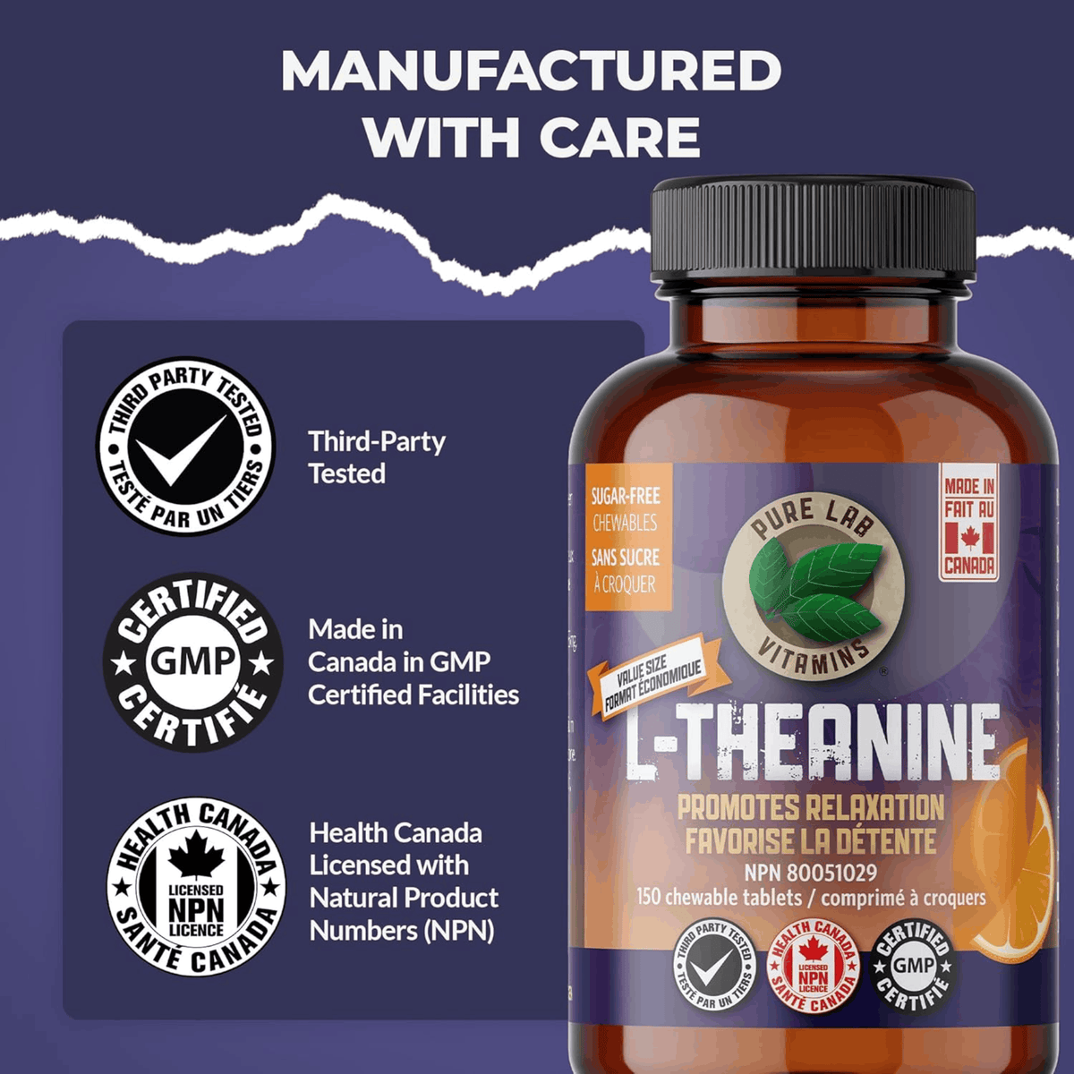 Pure Lab Vitamins L-Theanine Chewables 125mg, Natural Orange Flavour, Monk Fruit Sweetened, 60-150 Chewable Tablets