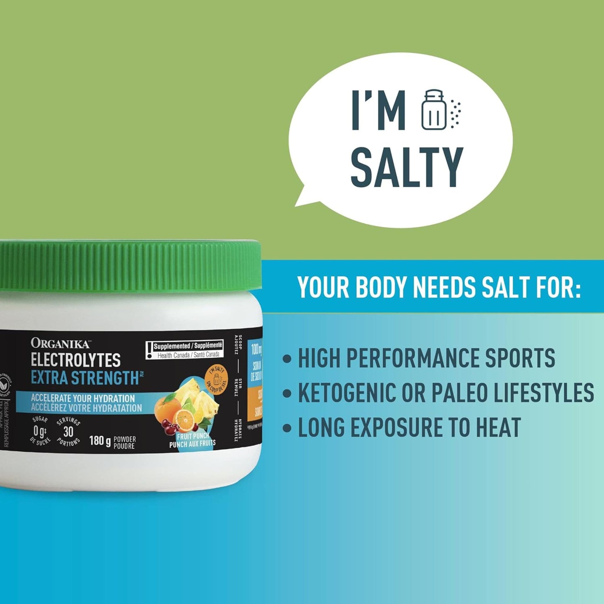 Fruit Punch Flavour, 180 g | Organika Electrolytes Extra Strength Powder