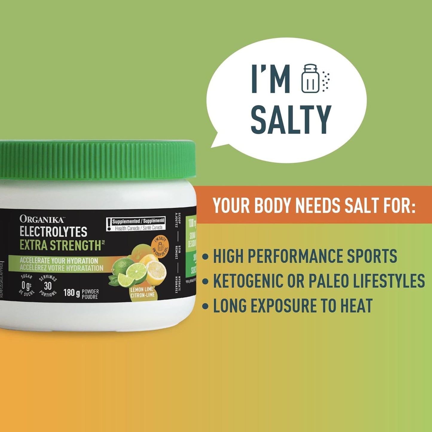 Lemon Lime Flavour, 180 g | Organika Electrolytes Extra Strength Powder