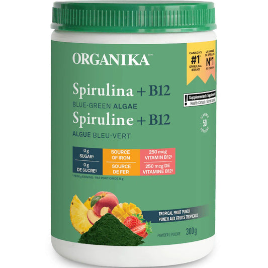 Tropical Fruit Punch Flavour, 300g | Organika Spirulina + B12 Powder