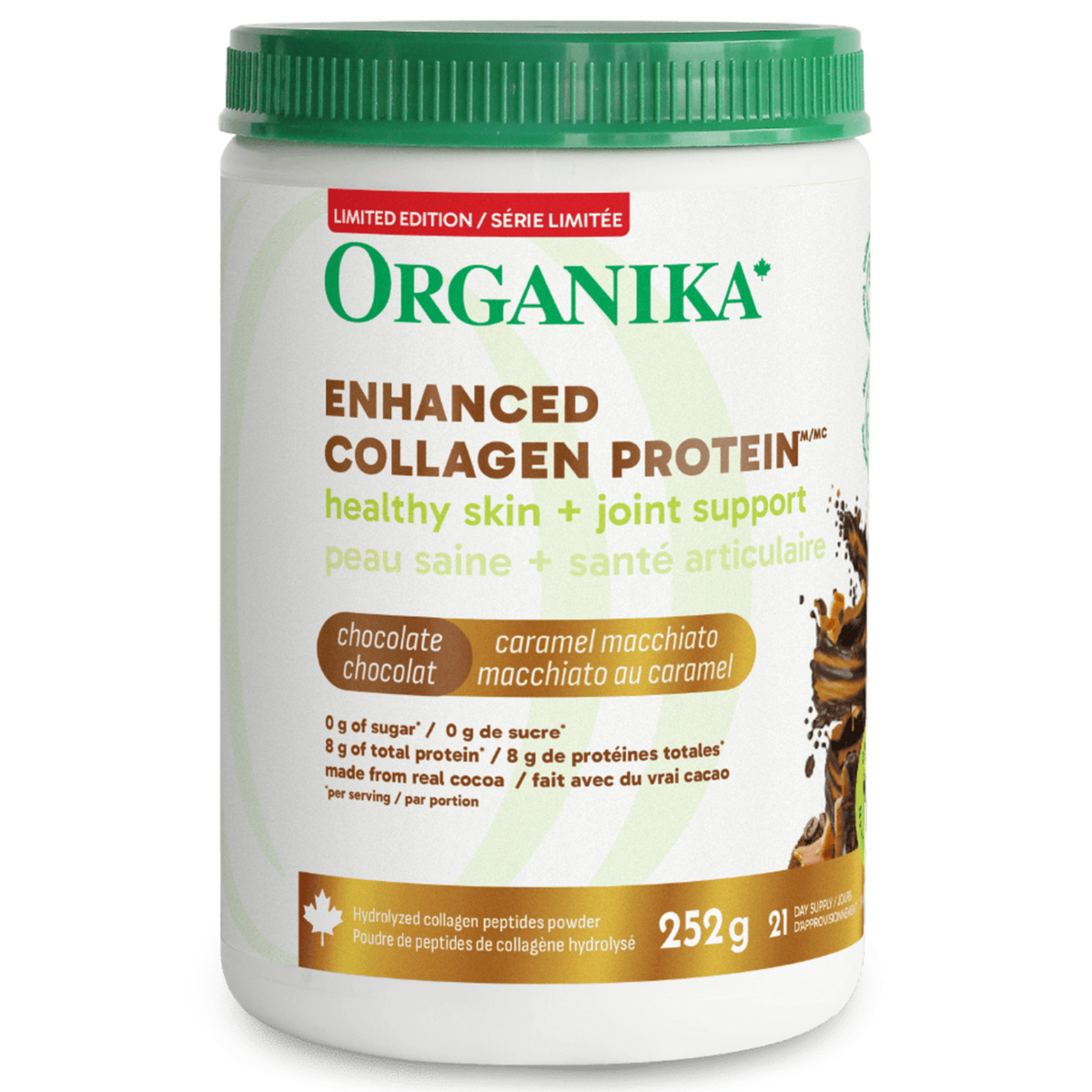 252g Chocolate Caramel Macchiato | Organika Enhanced Collagen Protein 252g tub, limited edition // chocolate caramel macchiato flavour