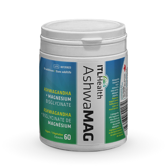 ITL Health AshwaMAG Magnesium Bisglycinate + Sensoril Ashwagandha, 60 Vegan Capsules - 60 Vegan Capsules