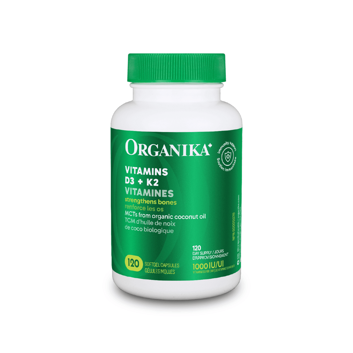 120 Softgels | Organika Vitamin D3 + K2 1000 IU 120 softgel bottle