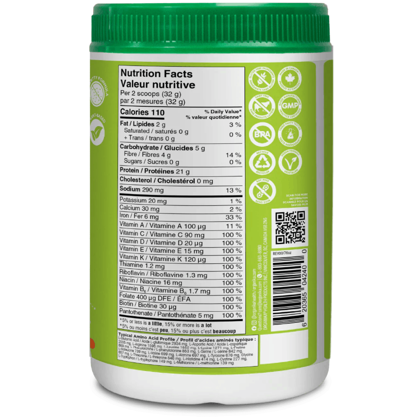 640g Vanilla | Organika All-In-One Protein Powder nutrition fact label