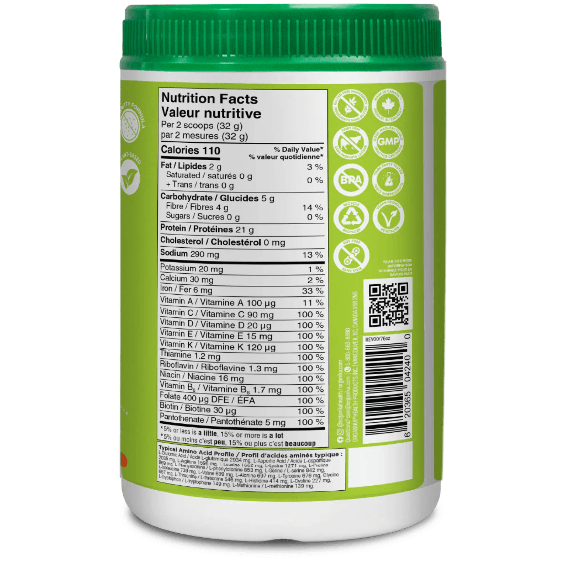 640g Vanilla | Organika All-In-One Protein Powder nutrition fact label