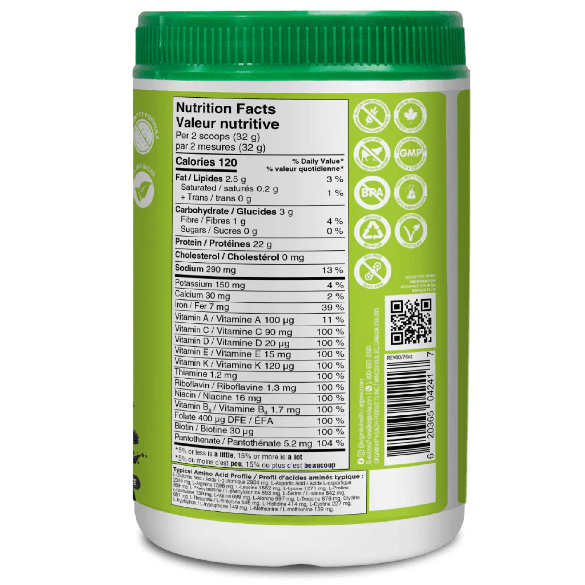 640g Chocolate | Organika All-In-One Protein Powder nutrition fact label