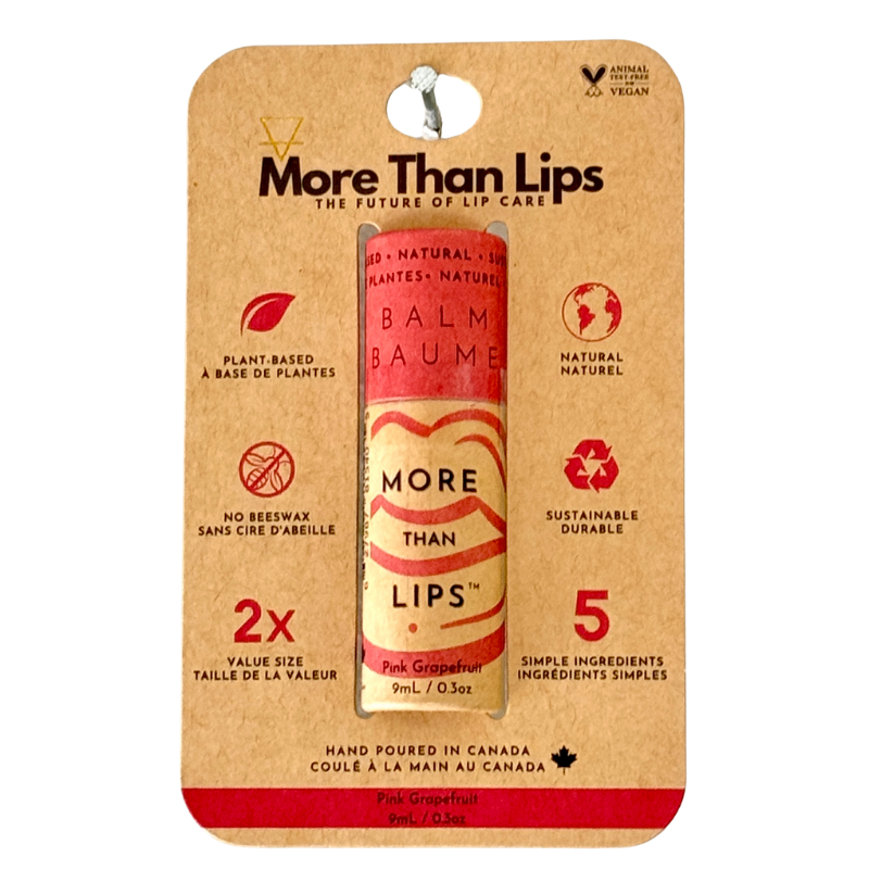 More Than Lips Vegan Lip Balm in Paper Tube, Lemonade, Pink Grapefruit, Minty Fresh, Birthday Cake or Blood Orange, Case of 10 x 9ml - Pink Grapefruit / Peggable hang card