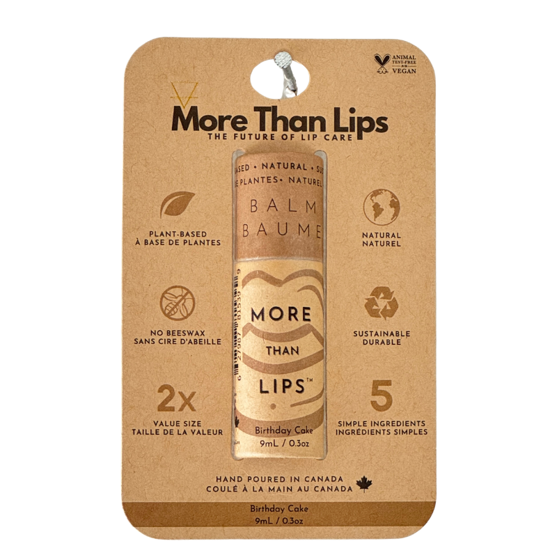 More Than Lips Vegan Lip Balm in Paper Tube, Lemonade, Pink Grapefruit, Minty Fresh, Birthday Cake or Blood Orange, Case of 10 x 9ml - Birthday Cake / Peggable hang card