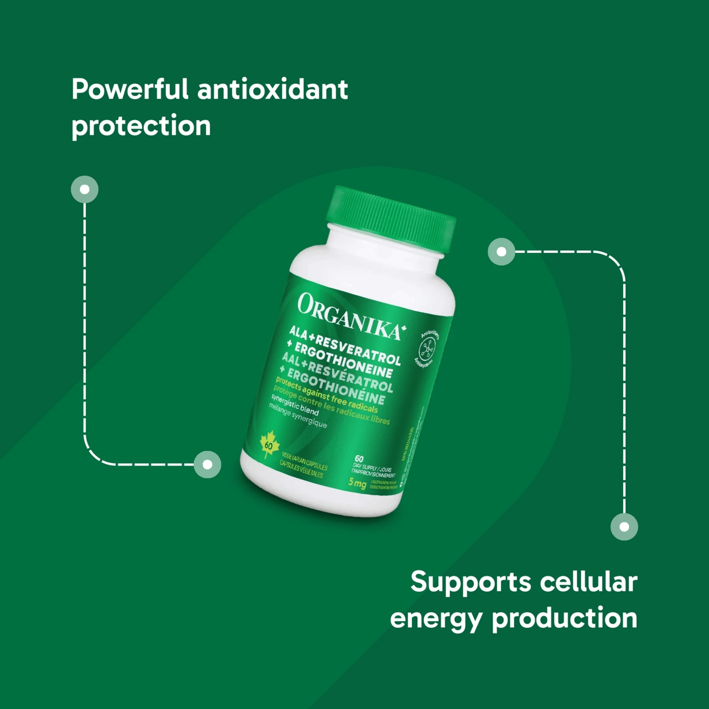 60 Vegetable Capsules | Organika ALA + Resveratrol + Ergothioneine